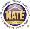 Logo for North American Technician Excellence (NATE) celebrating its 20th anniversary, featuring a home improvement outline and the years 1997-2017.