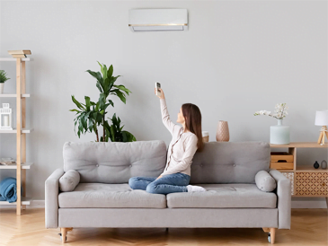 A woman sitting on a gray sofa in a home decor-inspired living room, taking a selfie with her smartphone.