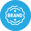 Logo featuring the word "brand" inside a circular, wax seal-like design with star accents on a blue background, embodying home decor elegance.