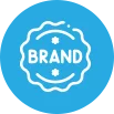 Logo featuring the word "brand" inside a circular, wax seal-like design with star accents on a blue background, embodying home decor elegance.