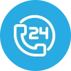 A blue square logo featuring white outlines of a puzzle piece and the number 24 inside it, symbolizing home design, set against a matching blue background.