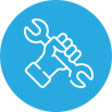 A white line drawing of a hand holding a wrench, set against a solid blue background, ideal for home improvement decor.