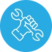 A white line drawing of a hand holding a wrench, set against a solid blue background, ideal for home improvement decor.