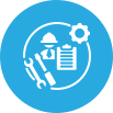 Graphic icon representing project management, featuring symbols of a cloud, mountain, gear, wrench, and document on a blue background tailored for home improvement.