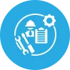 Graphic icon representing project management, featuring symbols of a cloud, mountain, gear, wrench, and document on a blue background tailored for home improvement.