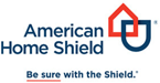 Logo of American Home Shield featuring a red and blue shield emblem with the text "American Home Shield" focused on home improvement, and the slogan "Be sure with the shield.