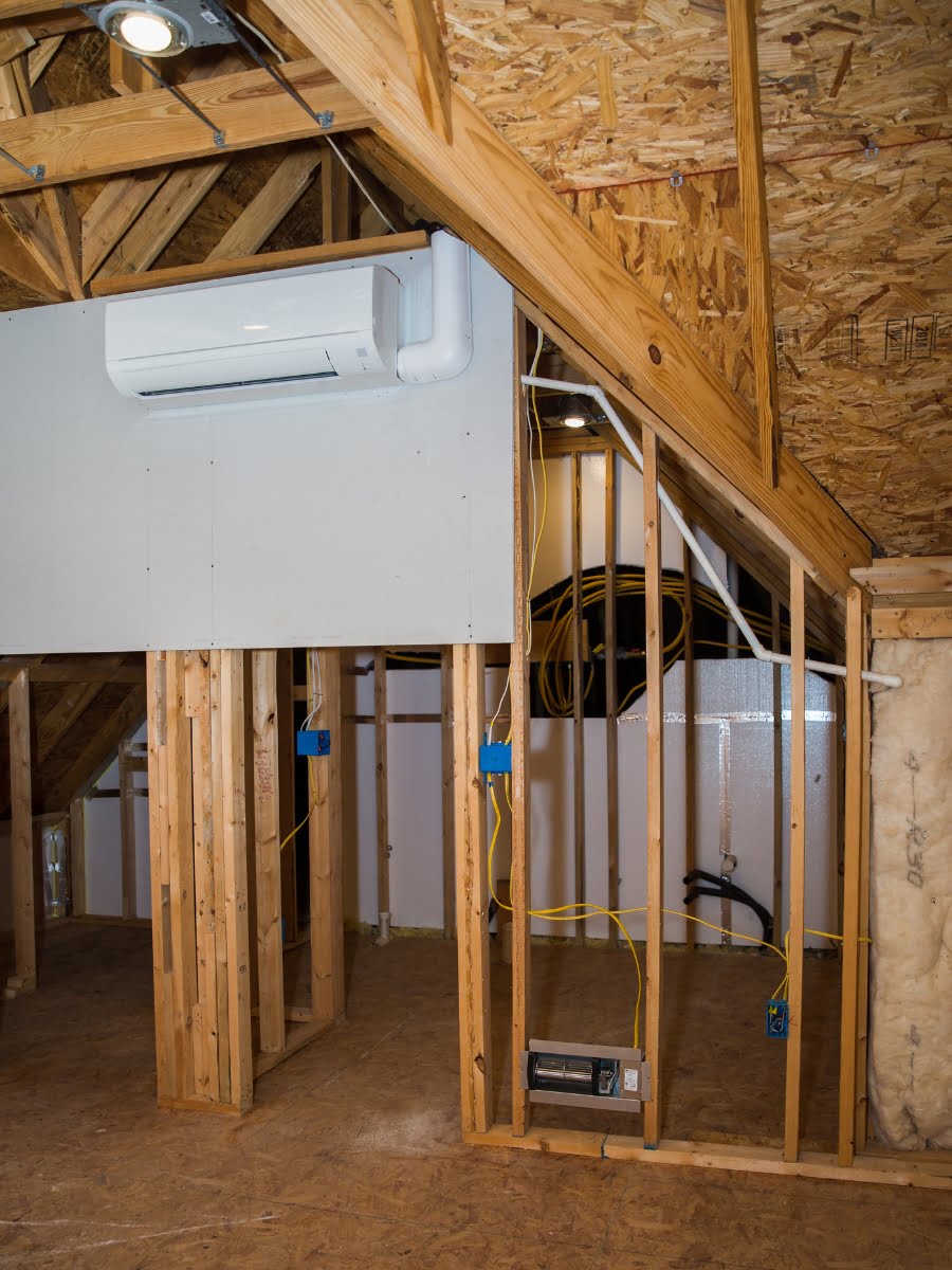 Partially finished attic space with exposed wooden framing, insulation, and electrical wiring, featuring an installed ductless mini split air conditioning unit on the wall.