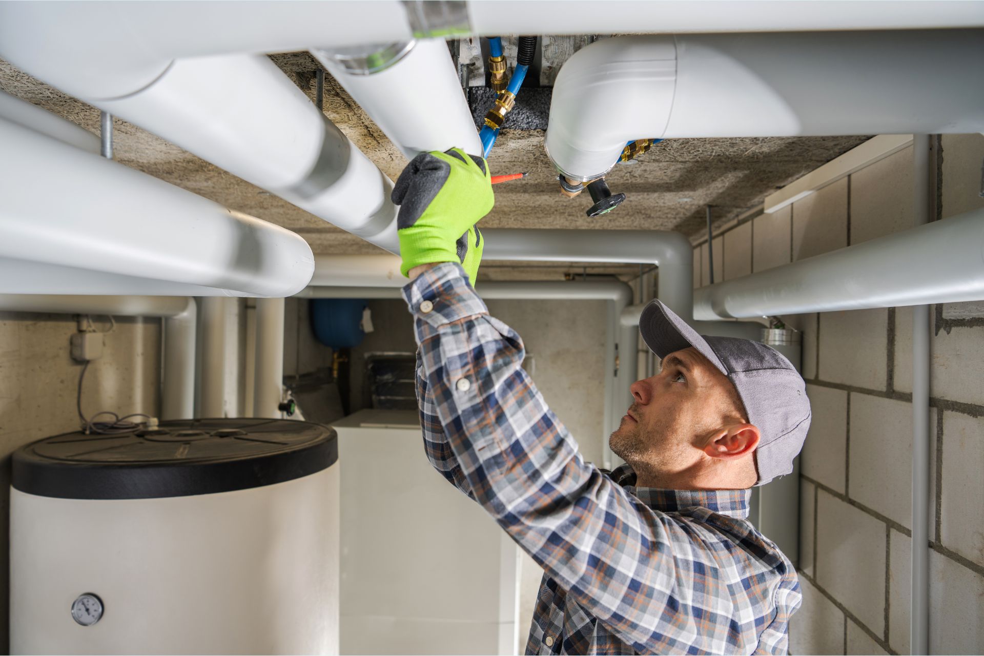 A person wearing a cap and gloves inspects white pipes in a basement or utility room, with a water heater visible in the background, showcasing professional plumbing services.