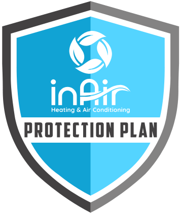 Logo of "inEir Heating & Air Conditioning" featuring a stylized flame inside a circle on a blue shield, with the text "Maintenance Plan" at the bottom.