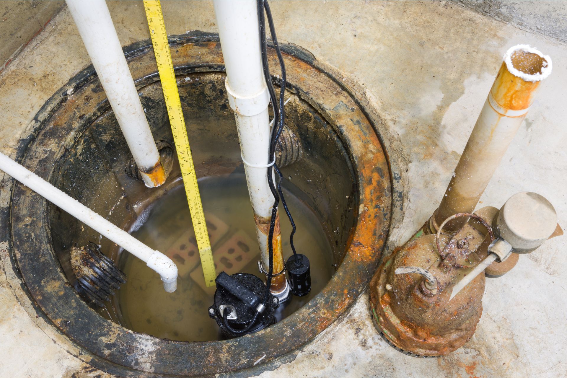 A sump pump installed in a basement pit, surrounded by pipes and partially submerged in water, shows visible rust on metal components. For reliable maintenance and repairs, professional plumbing services are recommended.