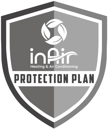 Logo of "inAir Heating & Air Conditioning" on a shield, featuring a stylized leaf design, with the words "Maintenance Plan" at the bottom.