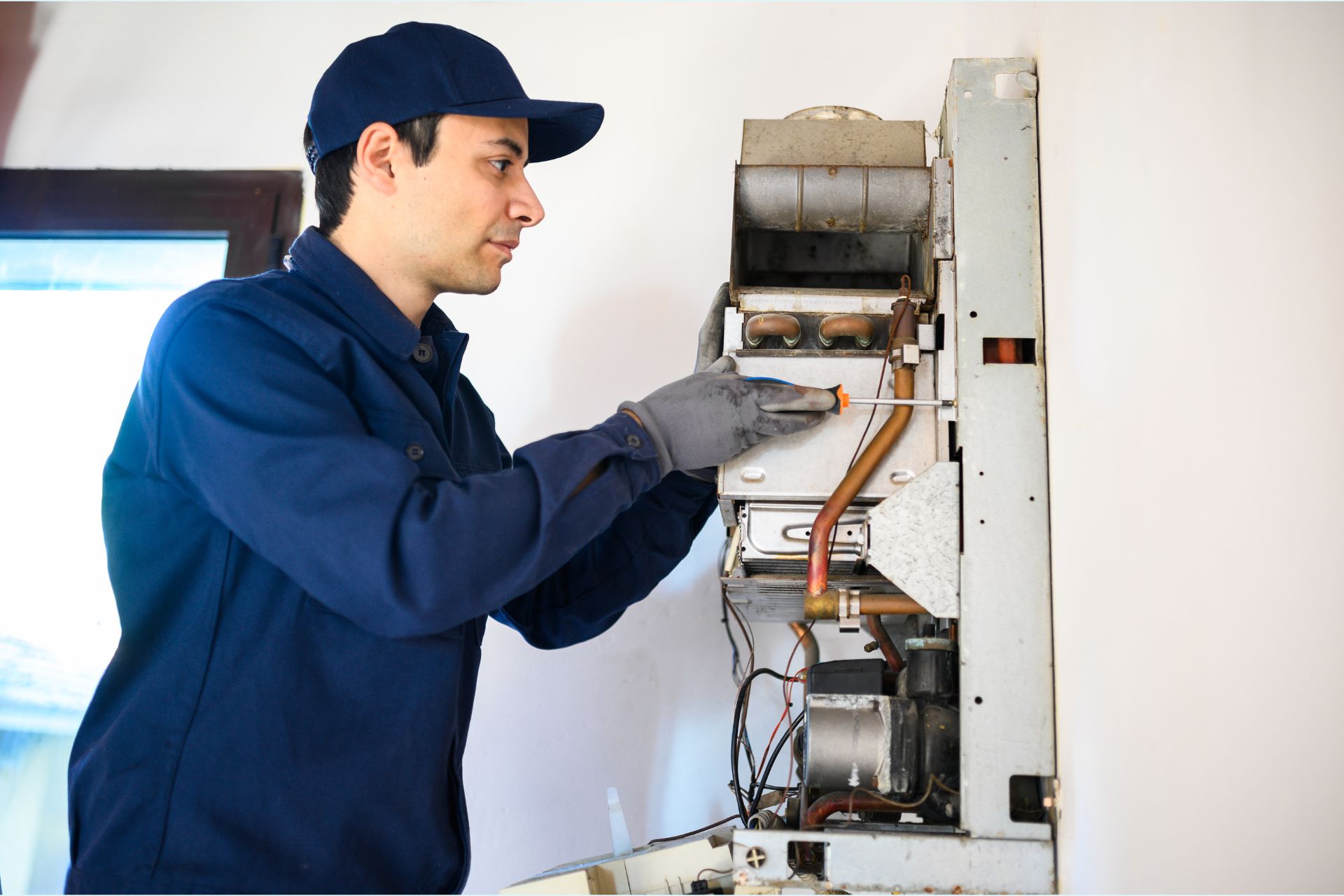 A technician in a blue uniform and gloves is diligently working on repairing or maintaining a wall-mounted mechanical device, possibly as part of comprehensive plumbing services.