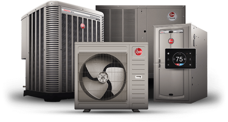 Image of Rheem brand HVAC units, including a central air conditioner, heat pump, furnace, and thermostat. Learn more about their top-notch efficiency and performance today!