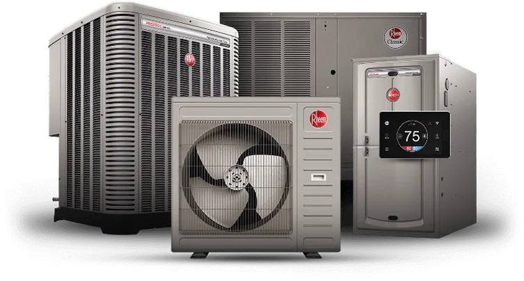 Image of Rheem brand HVAC units, including a central air conditioner, heat pump, furnace, and thermostat. Learn more about their top-notch efficiency and performance today!