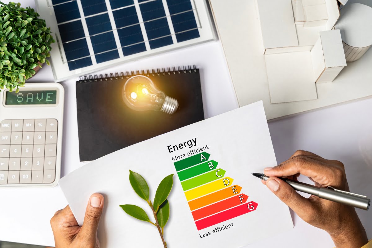 Person holding an energy efficiency chart and pen, with a lightbulb, solar panels, calculator, model house, and plant on the table—planning for affordable air conditioning solutions.