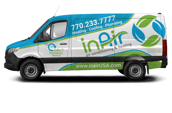 White van with "inAir" branding, phone number 770.233.7777, and services listed: heating, cooling, plumbing. Website and 24/7 emergency service noted on the design, highlighting our reliable heating and air services in Atlanta.