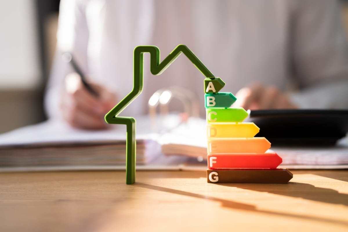 A person writes in the background while a small house model with an energy efficiency rating chart, labeled A to G, stands in the foreground, echoing the promise of smart HVAC systems enhancing sustainability.