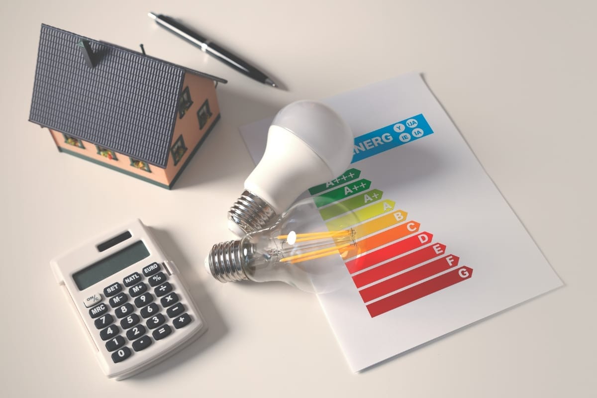 A small house model, LED and incandescent light bulbs, a calculator, and an energy efficiency chart are on a table with a pen, offering insights into HVAC maintenance tips.