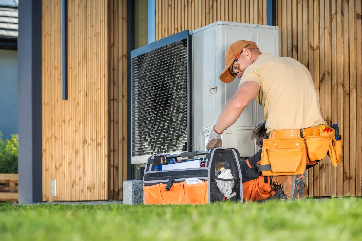 A technician in an orange cap and tool belt expertly addresses common furnace problems while repairing an outdoor air conditioning unit on a wooden wall, with tools neatly organized in a black and orange bag on the ground.