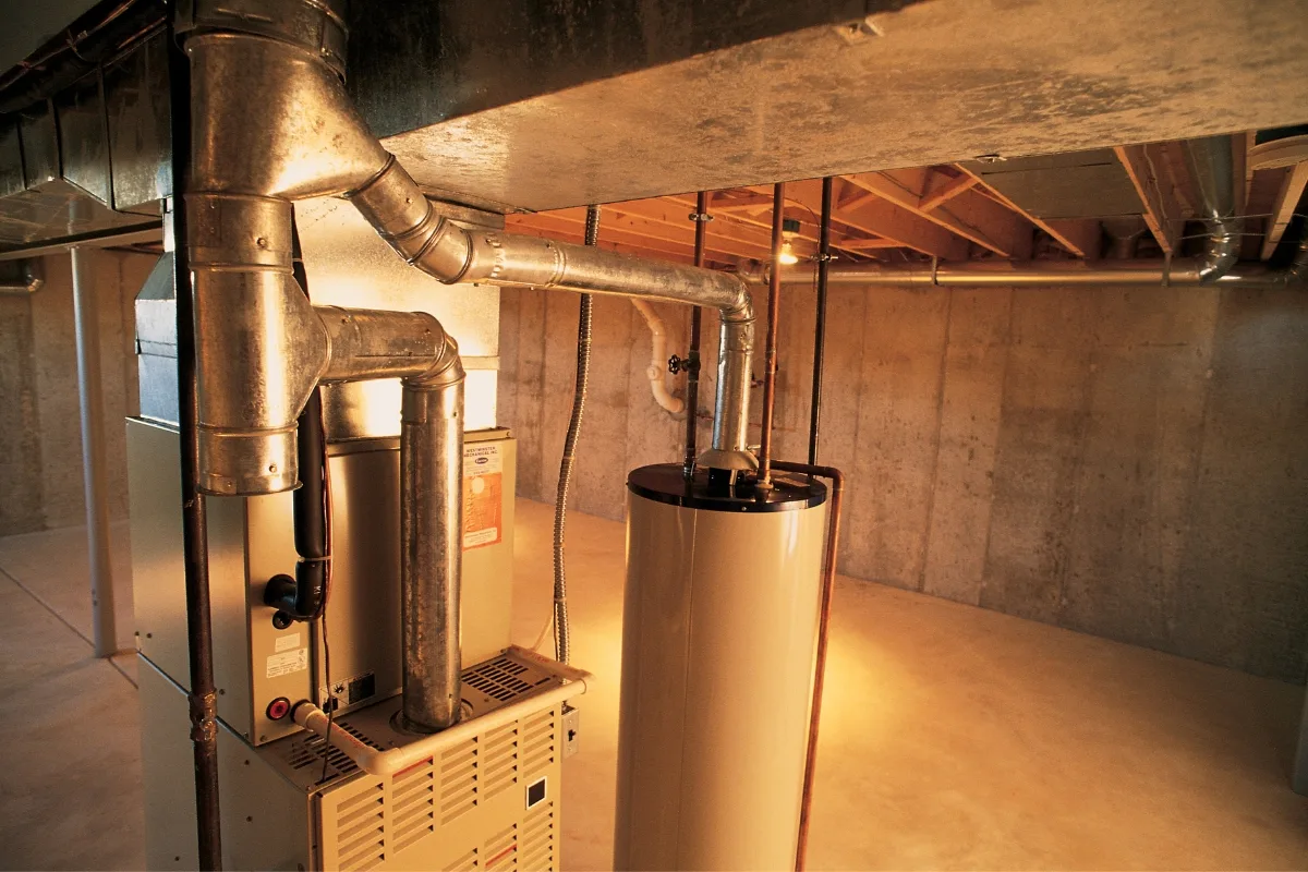 The basement interior, featuring an exposed ceiling, presents a water heater and furnace connected by metal ducts amid unfinished concrete walls. Notably, potential heat pump issues linger around this setup, hinting at future maintenance considerations.