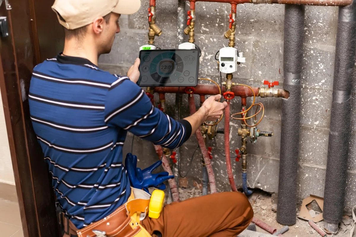 A technician in a striped shirt and cap uses a digital tablet to check plumbing connections in a building, keenly inspecting for any heat pump issues that might arise.