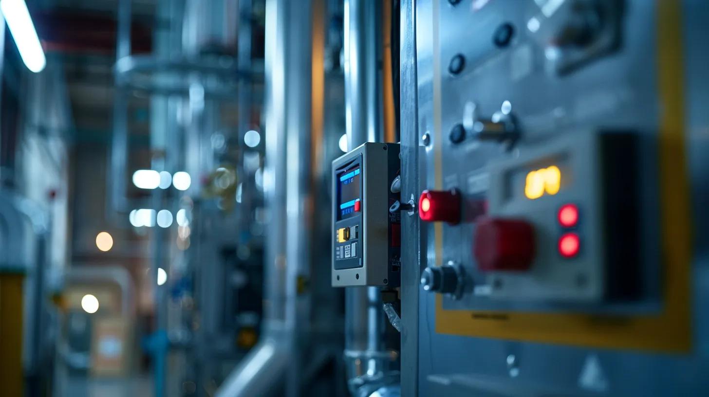 a close-up of a sleek, modern hvac control panel displaying error alerts and abnormal indicators, set against a dimly lit industrial workspace filled with tools and machinery, conveying the urgency of addressing operational irregularities.