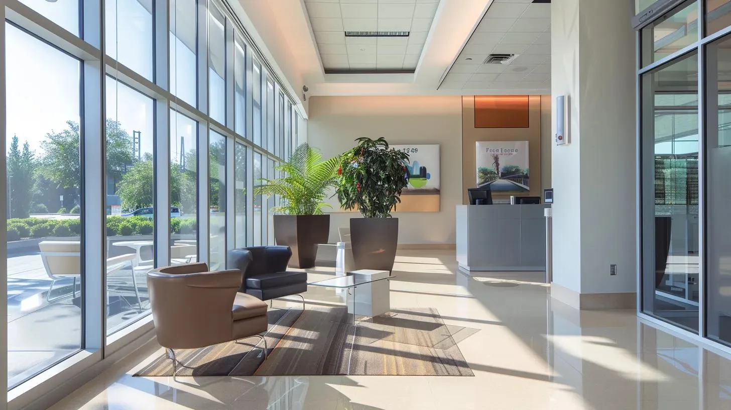 a modern office interior in atlanta showcases a sleek, energy-efficient hvac unit with a financial incentive brochure prominently displayed, emphasizing the cost-saving benefits of upgrading systems.