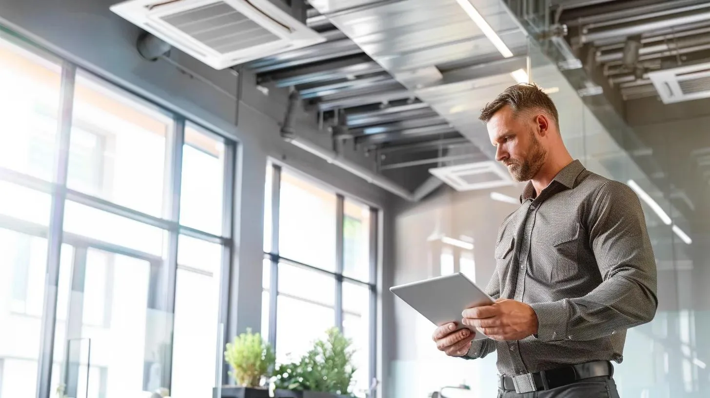 a professional hvac technician in a sleek, modern office setting reviews a detailed installation plan on a digital tablet, surrounded by high-efficiency equipment and tools, highlighting expertise and attention to quality service.