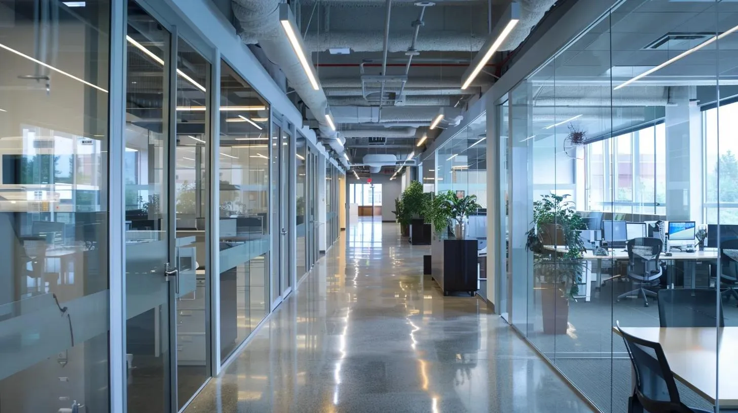 a sleek, modern office space showcases a sophisticated hvac system with digital displays indicating energy-saving features, illuminated by soft artificial lighting that emphasizes cutting-edge technology and efficiency.