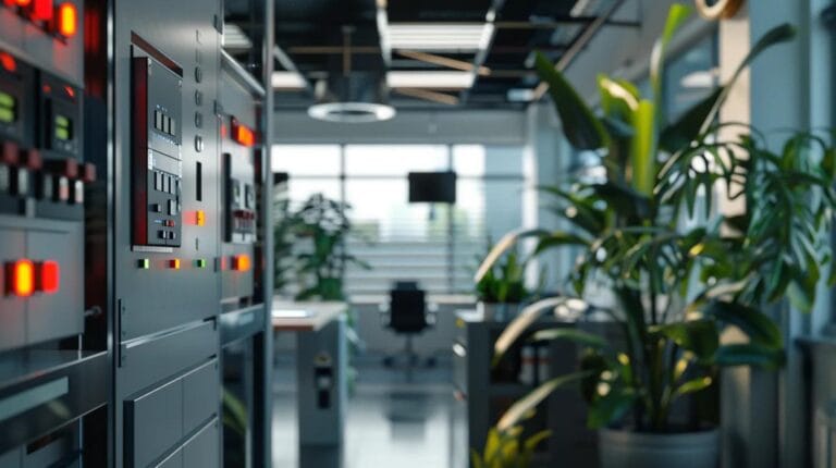 a visually striking office setting featuring a modern hvac control panel displaying warning signals and flashing indicators, symbolizing urgent attention needed for system malfunctions.
