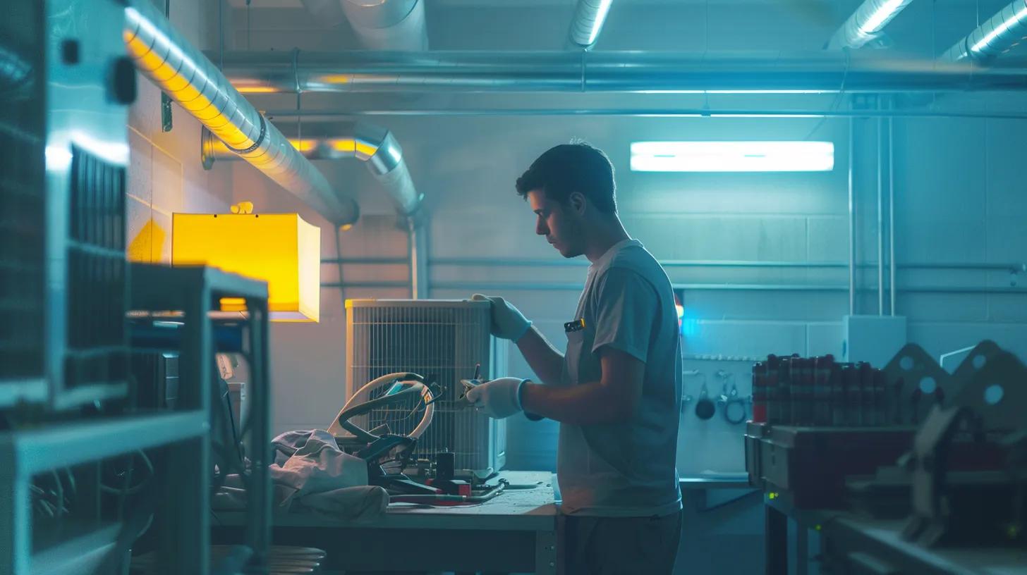 an industrial hvac technician inspects a complex network of air ducts and equipment in a brightly lit office environment, highlighting performance deficiencies with an array of diagnostic tools spread across a modern workbench.