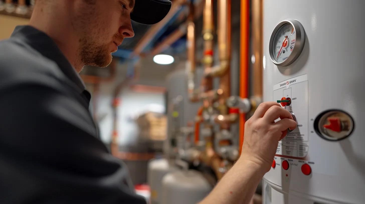 a close-up shot of a modern water heater installation in a well-lit, organized utility room, showcasing clear labels on the thermostat and pressure relief valve, while a technician inspects the tank for sediment buildup and corrosion signs, emphasizing the theme of maintenance and troubleshooting.