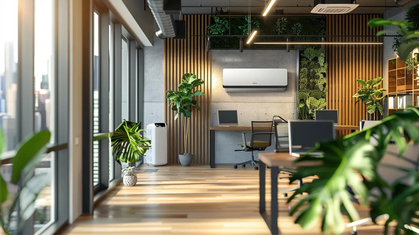 a sleek, modern office space showcases a stylish ductless mini-split system mounted on the wall, with an energy-efficient display highlighting its real-time savings feature in a vibrant urban setting.