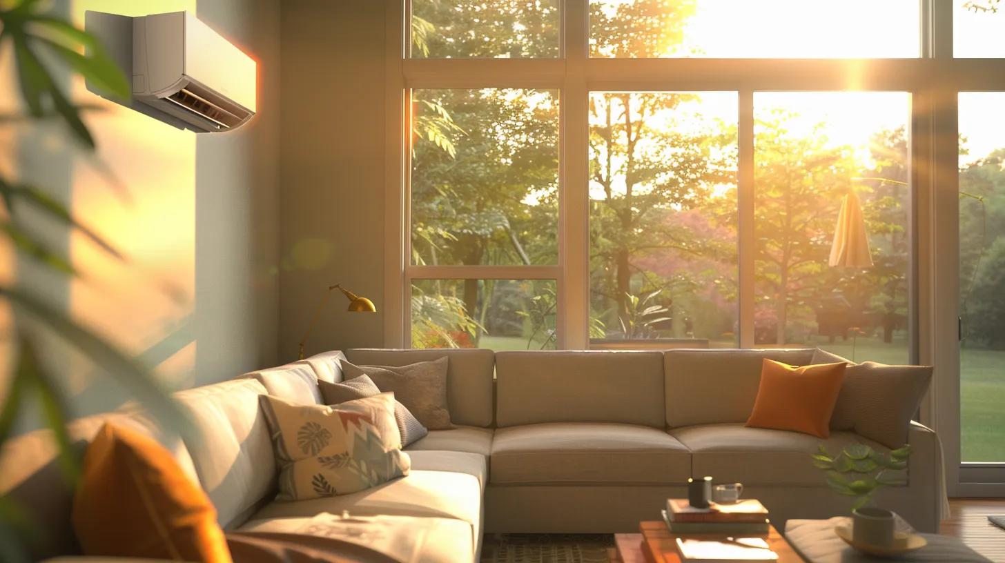 a sleek, modern living room features a stylish ductless mini-split air conditioning unit mounted on the wall, showcasing its design and efficiency while set against contemporary furnishings in a sunlit atlanta home.