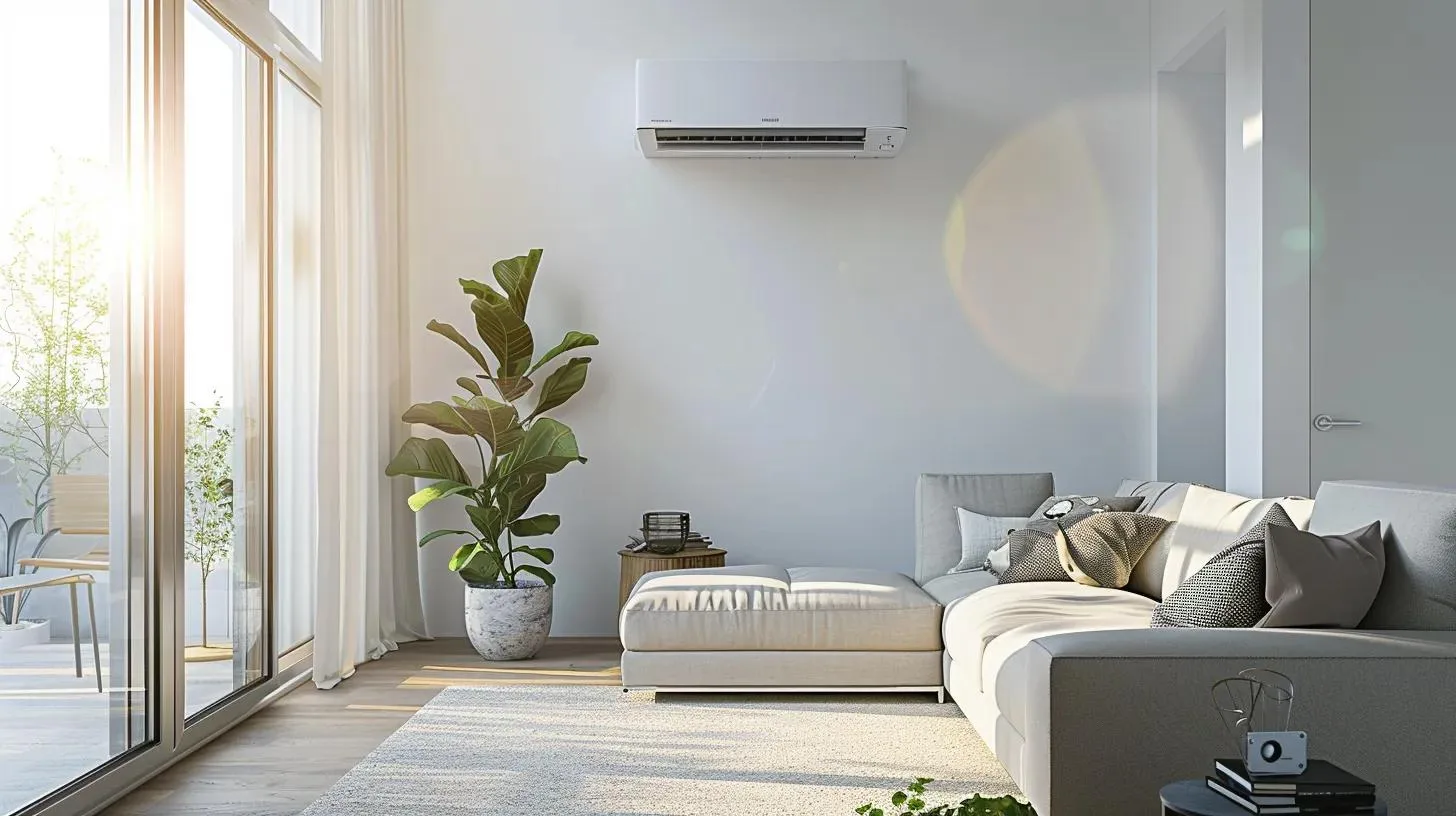 a sleek, modern living room in an urban apartment showcases a stylish ductless mini-split air conditioning unit mounted on a clean white wall, exuding a sense of high efficiency and contemporary design.