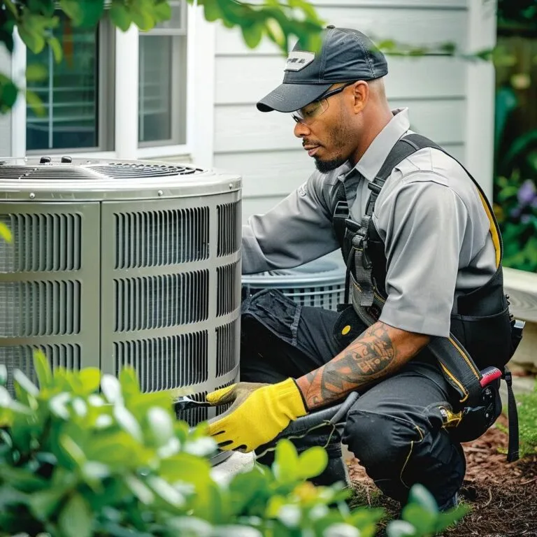 HVAC technician inspecting air conditioning unit during a professional tune-up
