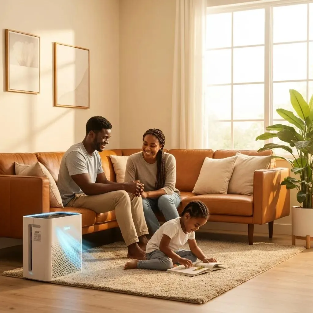 Family enjoying a healthy indoor environment with air quality improvement devices