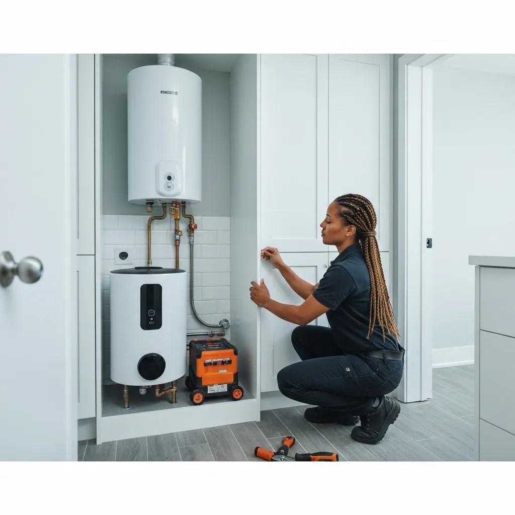 Technician installing a tankless water heater in a utility room
