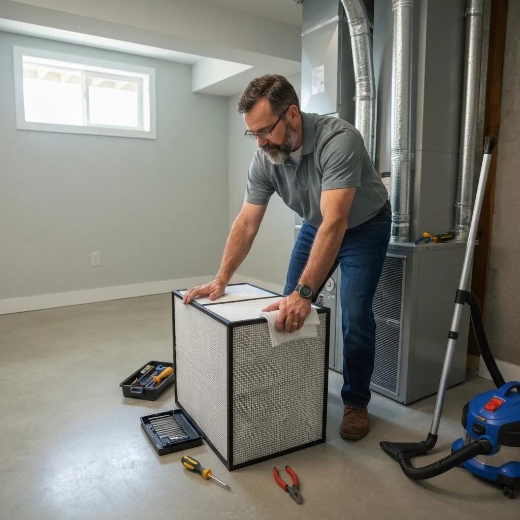 A technician conducting HVAC maintenance to improve the air quality inside a home