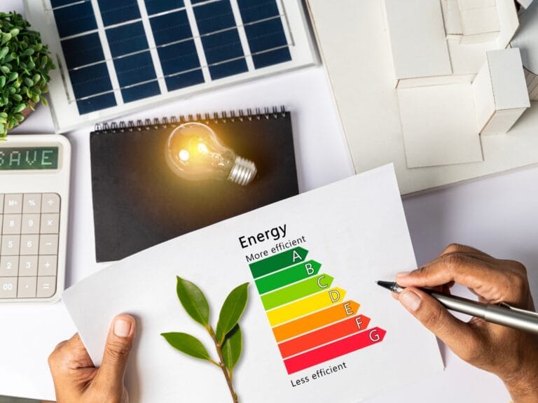 Person holding an energy efficiency chart near a light bulb, solar panel, calculator, and plant on a desk, suggesting ways to reduce energy bills through analysis of energy conservation methods.