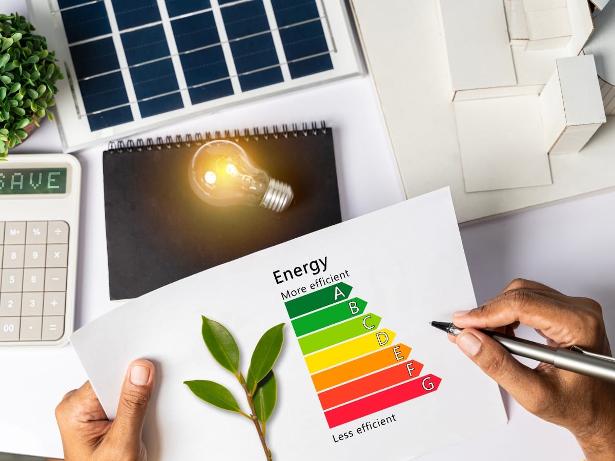 Person holding an energy efficiency chart near a light bulb, solar panel, calculator, and plant on a desk, suggesting ways to reduce energy bills through analysis of energy conservation methods.