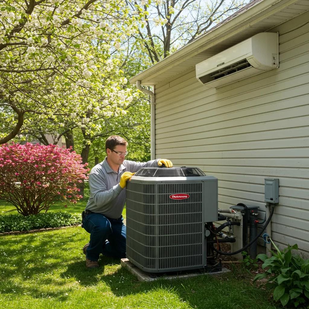 A friendly technician performing an AC tune-up in the spring, highlighting the importance of seasonal maintenance