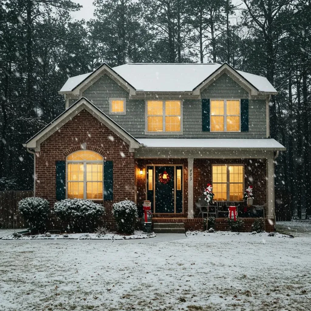 Cozy Georgia home in winter with snow, showcasing warmth and safety