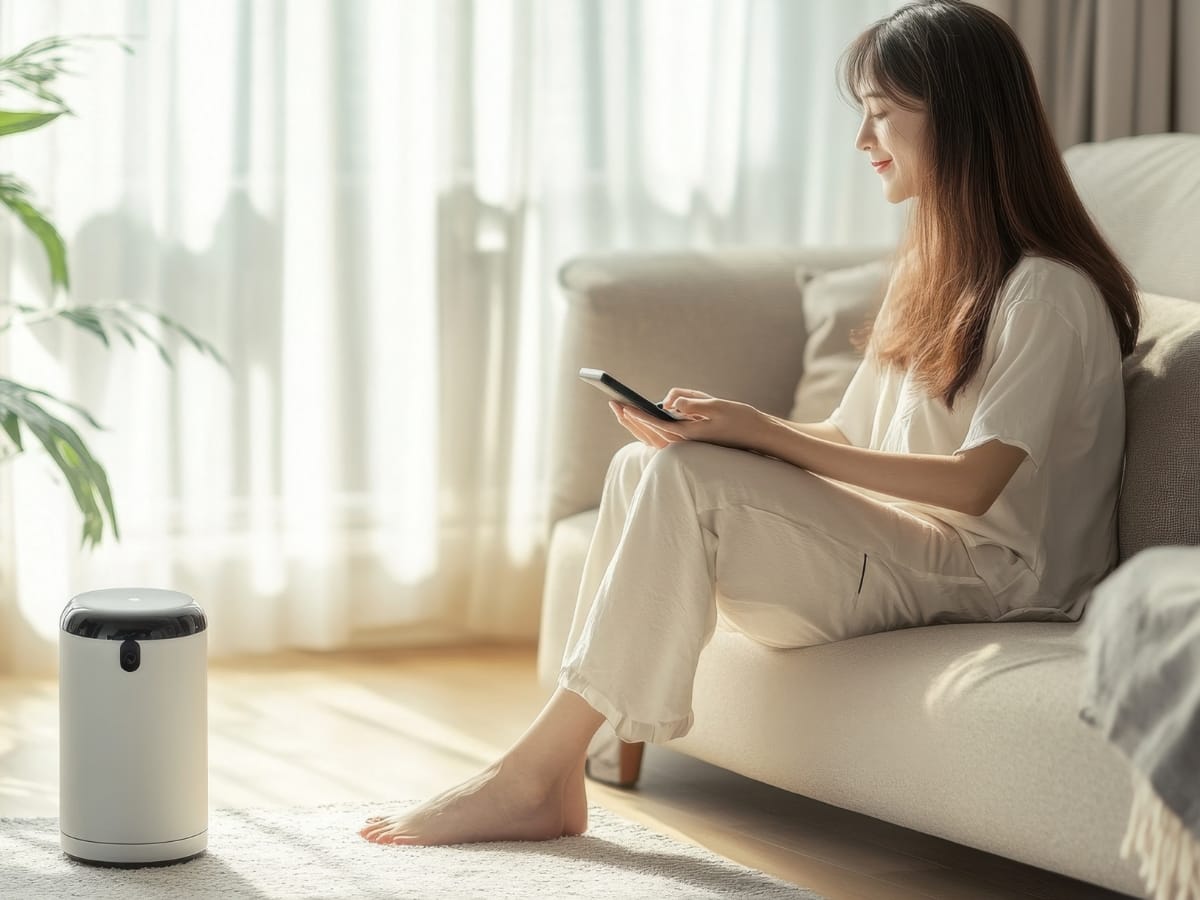 A woman sitting on a sofa uses her smartphone to control a small smart home device on the floor, ensuring her bright living room stays comfortable with an allergy friendly HVAC system.