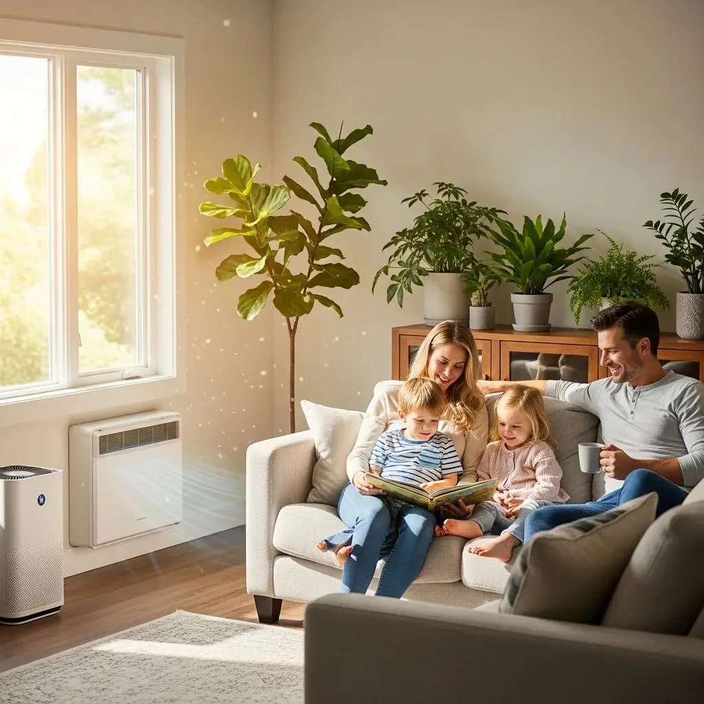 Cozy living room with modern HVAC system highlighting the importance of indoor air quality for allergy relief