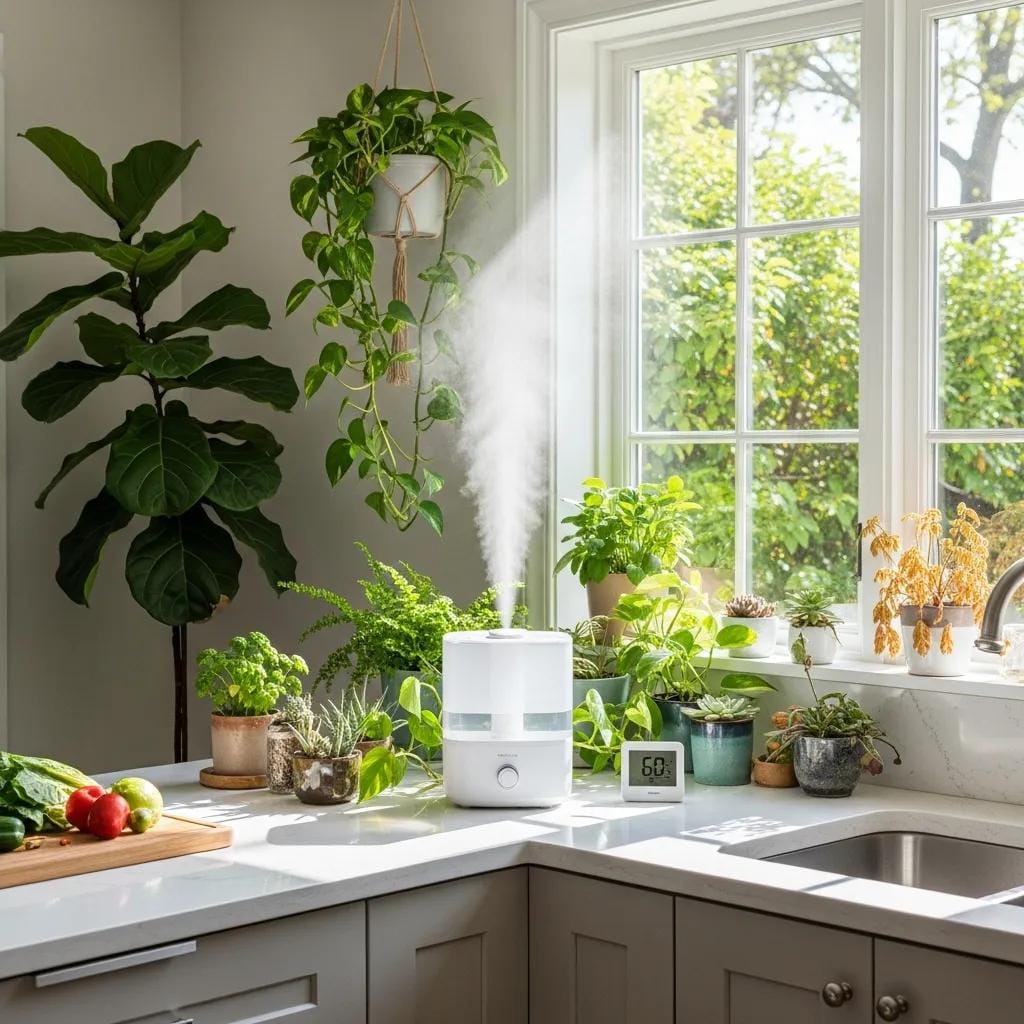 Humidifier in a kitchen with indoor plants, illustrating solutions for low humidity