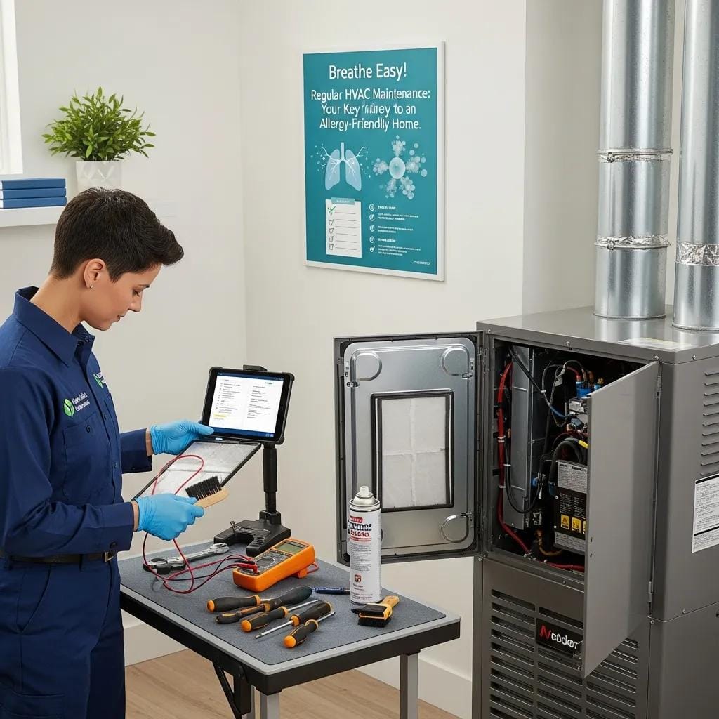 Technician performing HVAC maintenance to ensure optimal indoor air quality and allergy relief