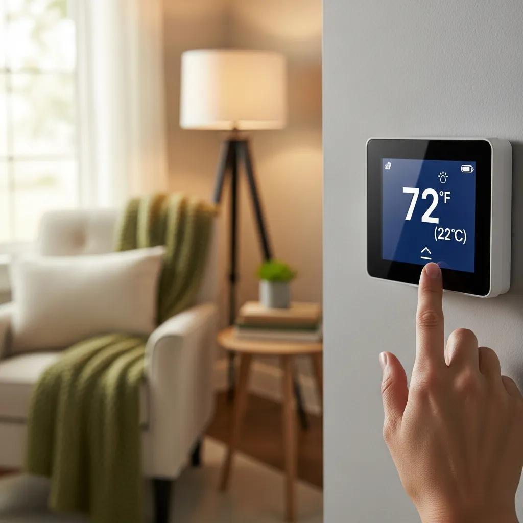 Close-up of a digital thermostat being adjusted, illustrating thermostat settings for furnace heating
