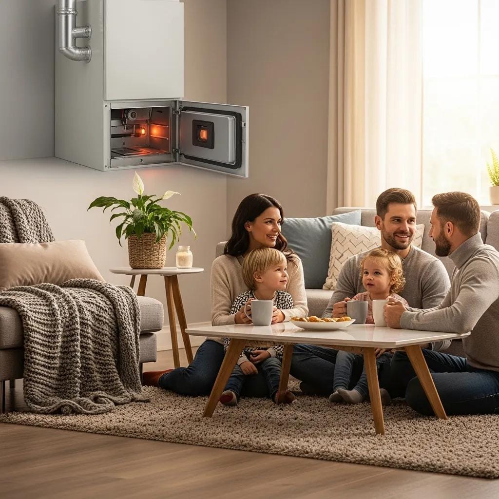 Cozy home interior with a glowing furnace pilot light, symbolizing warmth and safety