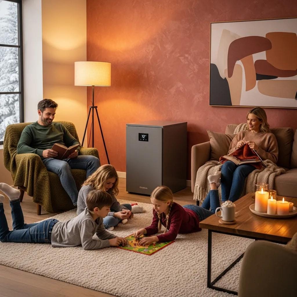 Cozy living room with a modern furnace, highlighting warmth and comfort for homeowners